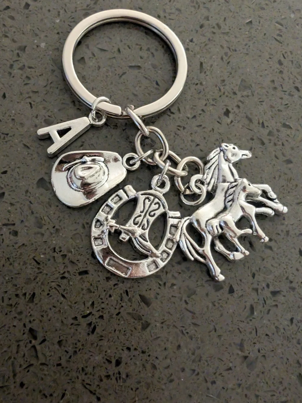 Silver Western Horse & Horseshoe Keychain with Initial 